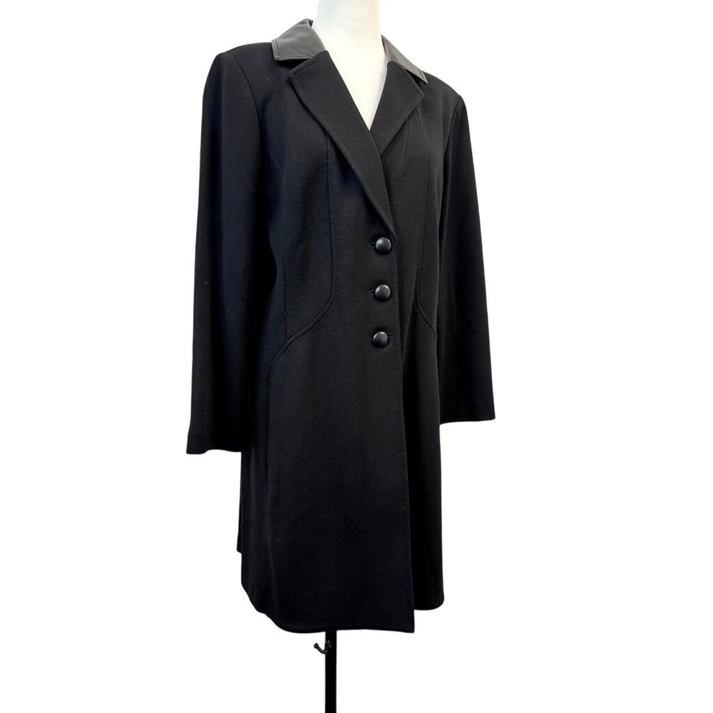 St. John Black Wool Blend Mid-Length Coat with Leather‎ Collar FA14 GRP 0